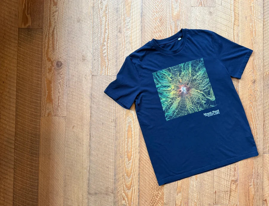 A Mount Hood contour design on a navy Terrain Goods T-shirt